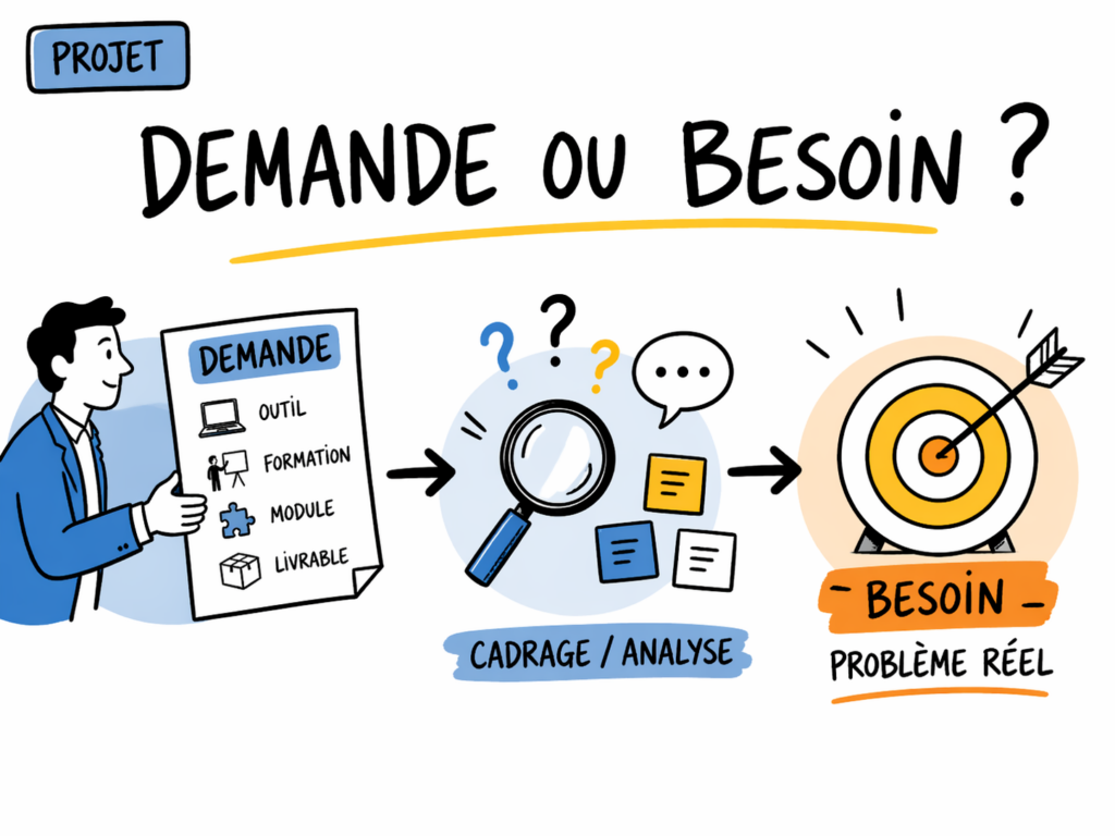 Illustration distinguant la demande formulée, la phase de cadrage et le besoin réel dans un projet.