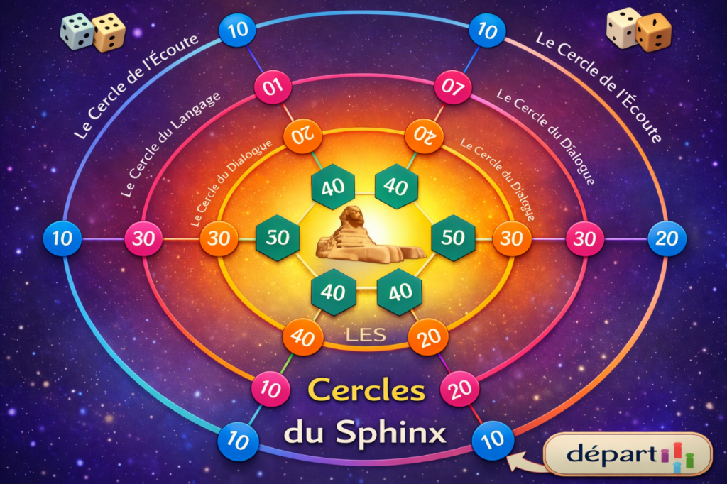 Plateau du jeu Les Cercles du Sphinx avec les cercles de l’écoute, du langage et du dialogue et les différentes cases d’épreuves.