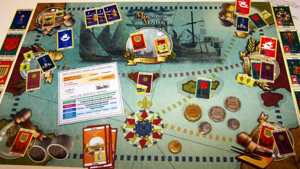 Plateau du jeu pédagogique Les Marchands de Venise, utilisé pour travailler la négociation coopérative et les alliances entre équipes.
