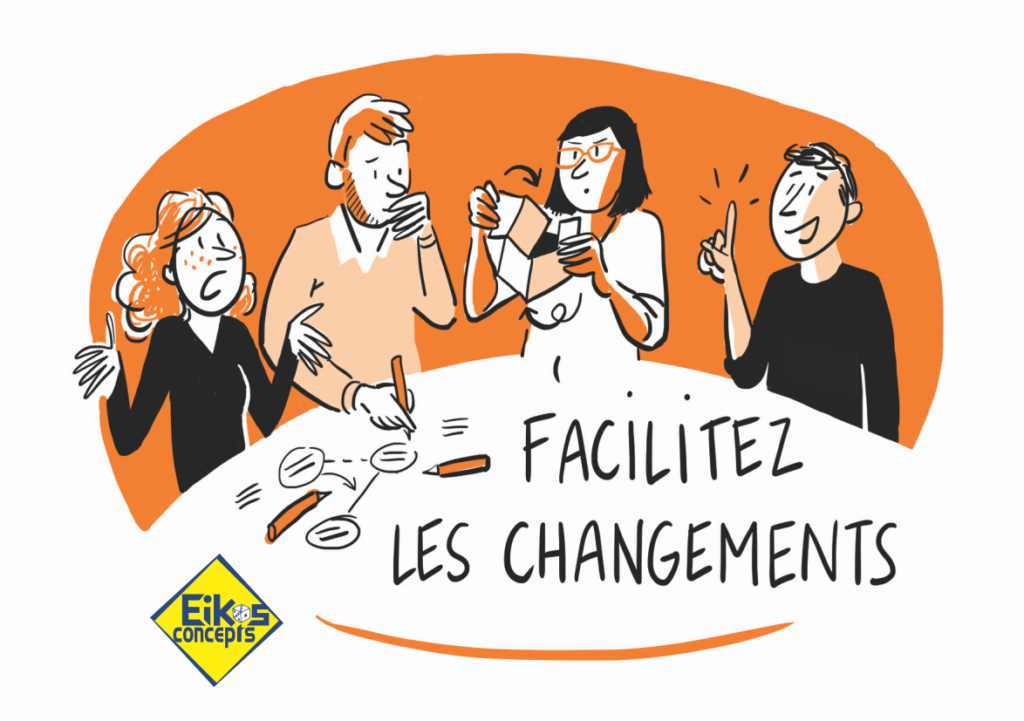 Illustration Eikos Concepts montrant un groupe en réflexion autour de la facilitation des changements.