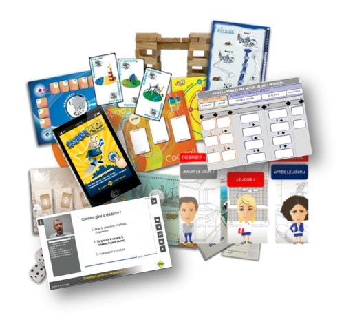 Montage de jeux pédagogiques conçus et utilisés par Eikos Concepts pour des formations en management, coopération, projet et conduite du changement.