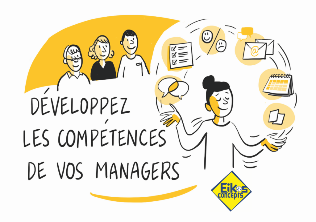 Illustration sur le développement des compétences managériales, avec un manager entouré de situations à gérer.