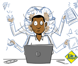 Illustration d’un manager devant son ordinateur, entouré de multiples sollicitations, pour représenter la surcharge et le mode réactif.