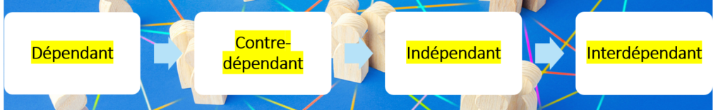 Schéma présentant quatre niveaux d’autonomie : dépendant, contre-dépendant, indépendant et interdépendant.