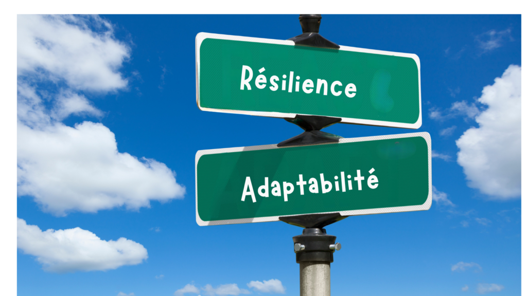 Panneaux indiquant résilience et adaptabilité pour illustrer les compétences utiles face au changement.