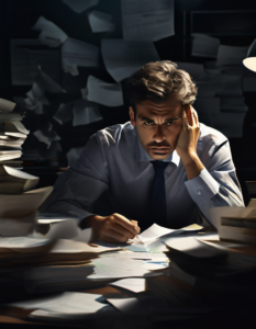 Image d’un manager surchargé par des dossiers et des sollicitations, illustrant la difficulté à préserver ses priorités.