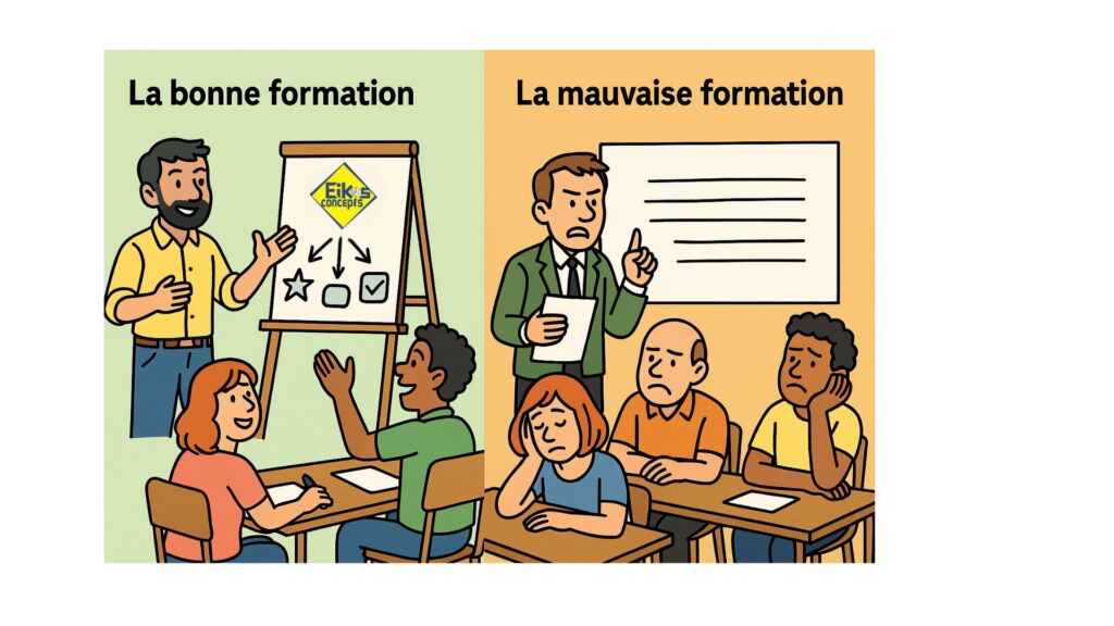 Illustration comparant une bonne formation participative et une mauvaise formation descendante.
