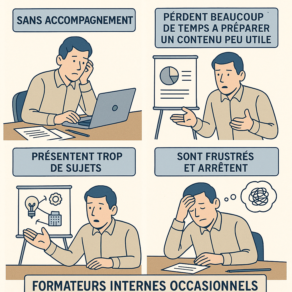 Illustration montrant les difficultés des formateurs internes occasionnels sans accompagnement : préparation longue, contenus trop lourds et frustration.