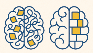 Illustration comparant un cerveau dispersé et un cerveau structuré pour représenter la capitalisation de l’expérience.