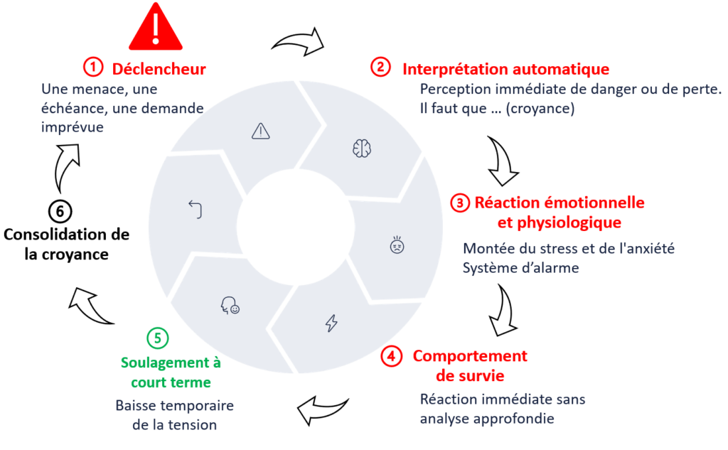 Schéma du cycle de l’urgence avant changement, avec déclencheur, interprétation automatique, réaction émotionnelle et comportement de survie.