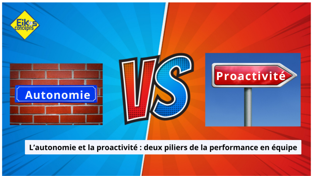 Visuel comparant autonomie et proactivité comme deux leviers de performance en équipe.