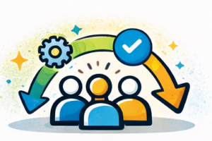 Illustration de collaborateurs accompagnant un changement, avec une flèche de progression, un engrenage et un symbole de validation.