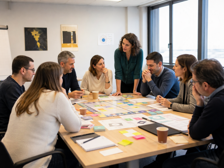 Groupe de participants en formation active autour d’un jeu pédagogique pour travailler le management, la coopération et la conduite de projet.