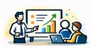 Illustration d’une formation management avec un manager présentant une progression à deux participants autour d’un écran.