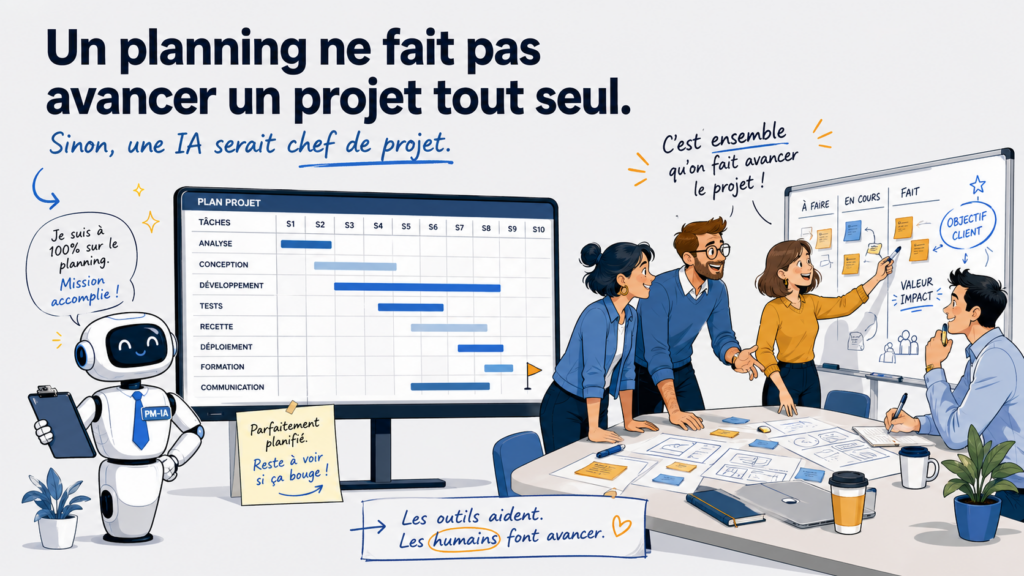Illustration humoristique montrant qu’un planning ou une IA ne suffit pas à faire avancer un projet sans coopération entre les acteurs.