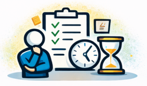 Illustration sur la gestion des priorités au travail, avec une checklist, une horloge et un sablier pour représenter l’organisation du temps.