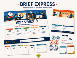 Flyer du jeu pédagogique Brief Express sur l’usage de l’IA sous pression, avec plateau, cartes, jetons et supports de renoncement pour apprendre à créer de la valeur.
