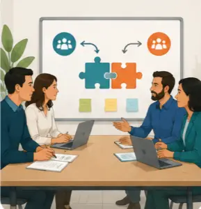 Illustration d’équipes en discussion pour améliorer leur coopération et mieux articuler leurs contributions autour d’un objectif partagé.