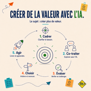 Infographie Eikos montrant cinq étapes pour créer de la valeur avec l’IA : cadrer le besoin, co-traiter avec l’IA, évaluer les productions, choisir et agir.