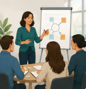 Illustration d’une formatrice interne animant une séance de formation active avec un groupe de participants autour d’un tableau.