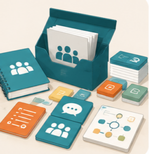 Illustration de supports pédagogiques organisés dans une boîte, avec fiches, cartes et documents pour accompagner l’animation et le transfert.