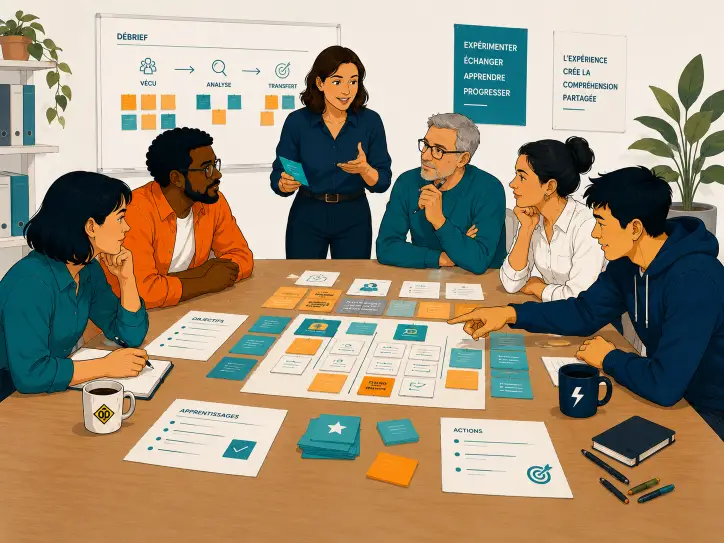 Équipe en atelier autour d’un jeu pédagogique, en train de débriefer et de tirer des apprentissages partagés.