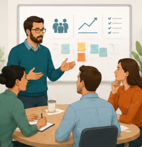 Illustration d’un manager en réunion avec son équipe pour clarifier les objectifs, partager les priorités et accompagner la progression collective.