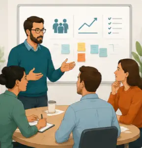 Illustration d’un manager en réunion avec son équipe pour clarifier les objectifs, partager les priorités et accompagner la progression collective.