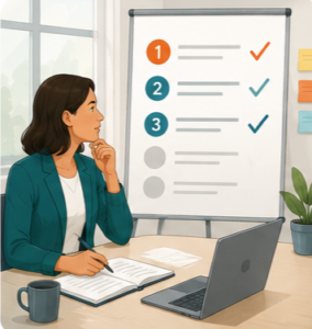 Illustration d’une professionnelle face à une checklist de priorités, utilisée pour représenter la gestion des priorités et la maîtrise du temps utile au travail.