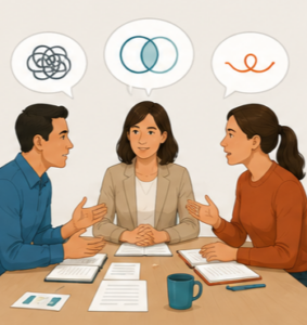 Illustration d’un échange entre collègues pour mieux comprendre un désaccord et réguler une situation de tension.