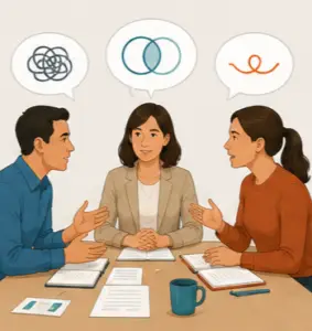 Illustration d’un échange entre collègues pour mieux comprendre un désaccord et réguler une situation de tension.