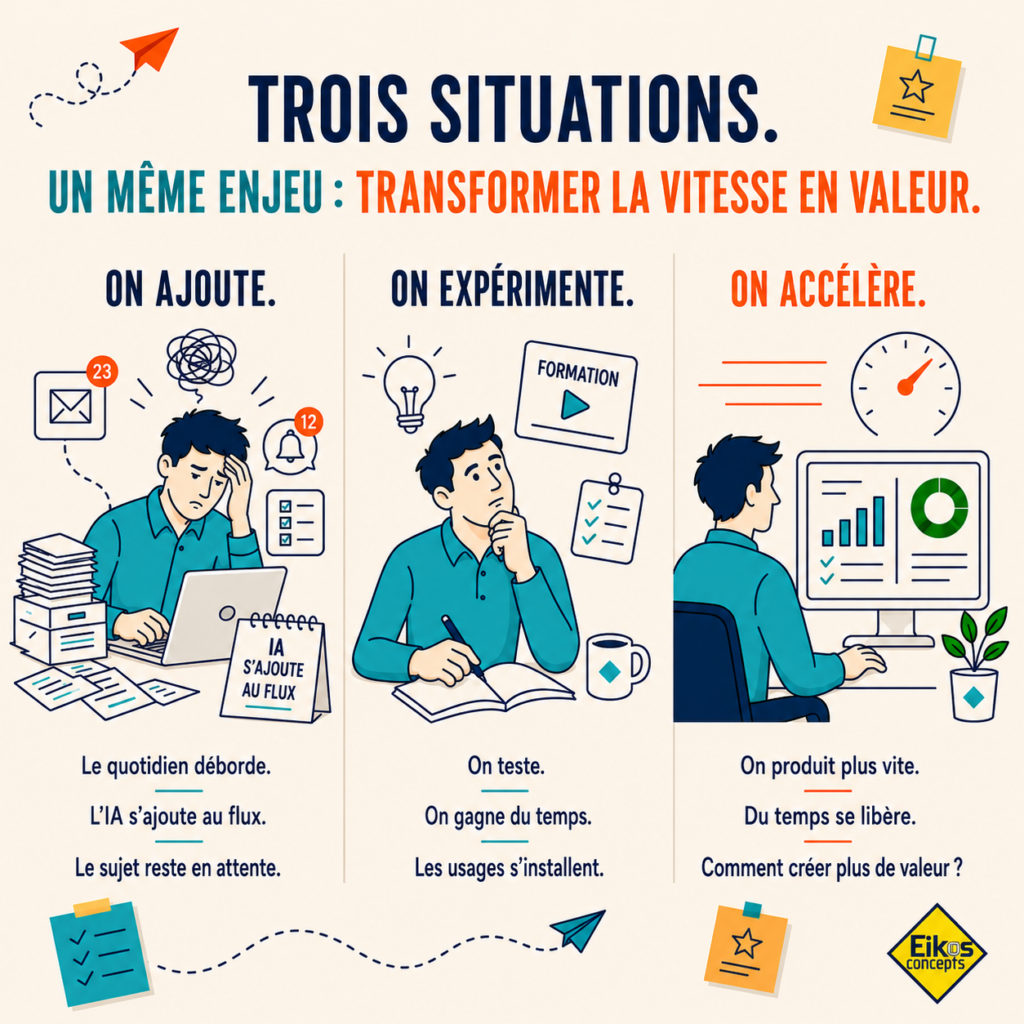Infographie Eikos Concepts montrant trois situations d’usage de l’IA en entreprise : on ajoute, on expérimente, on accélère, avec un même enjeu de transformation de la vitesse en valeur.