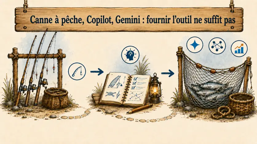 Illustration montrant le passage des anciennes cannes à un filet bien utilisé grâce à un carnet d’apprentissage, pour symboliser l’appropriation de l’IA en entreprise.