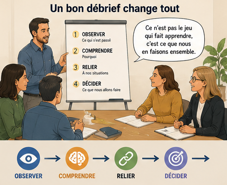 Formateur animant un débriefing après une activité pédagogique afin d'aider les participants à observer, comprendre, relier et décider.