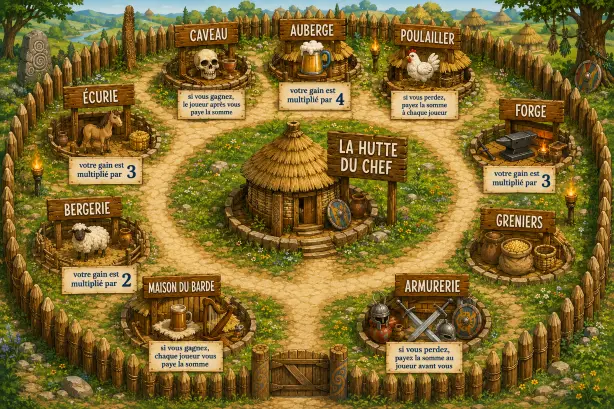 Plateau du jeu pédagogique La Hutte du Chef représentant un village gaulois avec plusieurs lieux associés à des situations de management.
