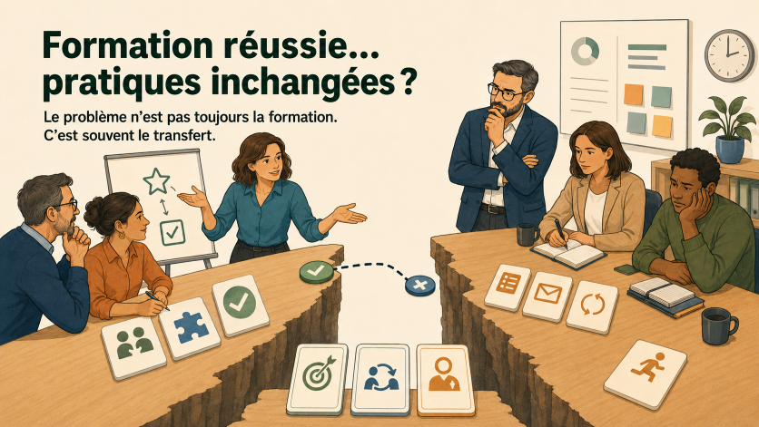 Illustration montrant une formation appréciée mais peu appliquée sur le terrain, avec un passage manquant entre la session de formation et le transfert dans les pratiques professionnelles.