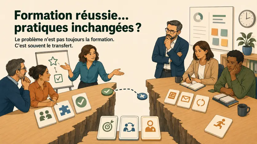 Illustration montrant une formation appréciée mais peu appliquée sur le terrain, avec un passage manquant entre la session de formation et le transfert dans les pratiques professionnelles.